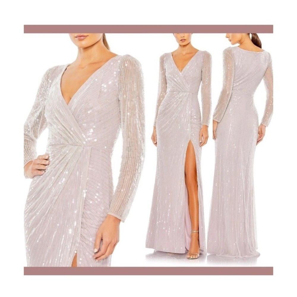NWT $598 Mac Duggal [ 16 ] Sequined Faux Wrap Long Sleeve Gown in Lavender G1815